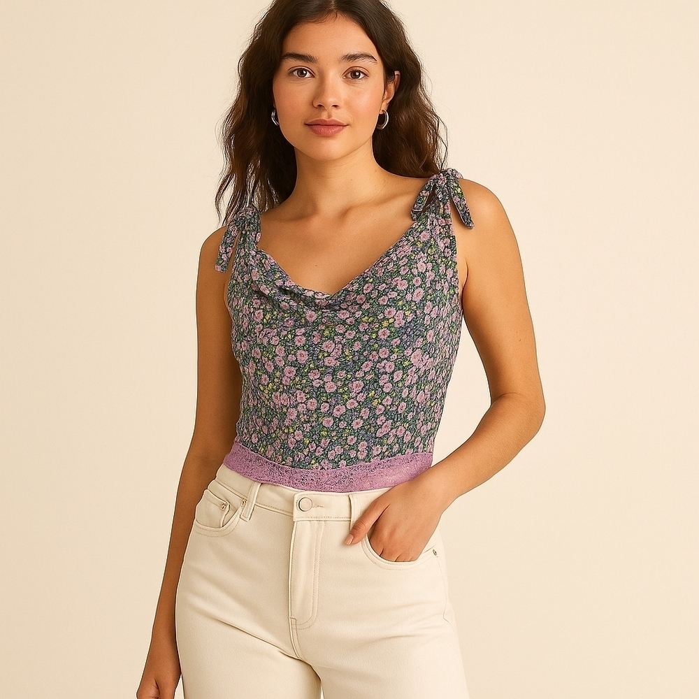 Free People Intimately Purple Floral Sweetheart Bodysuit Size M